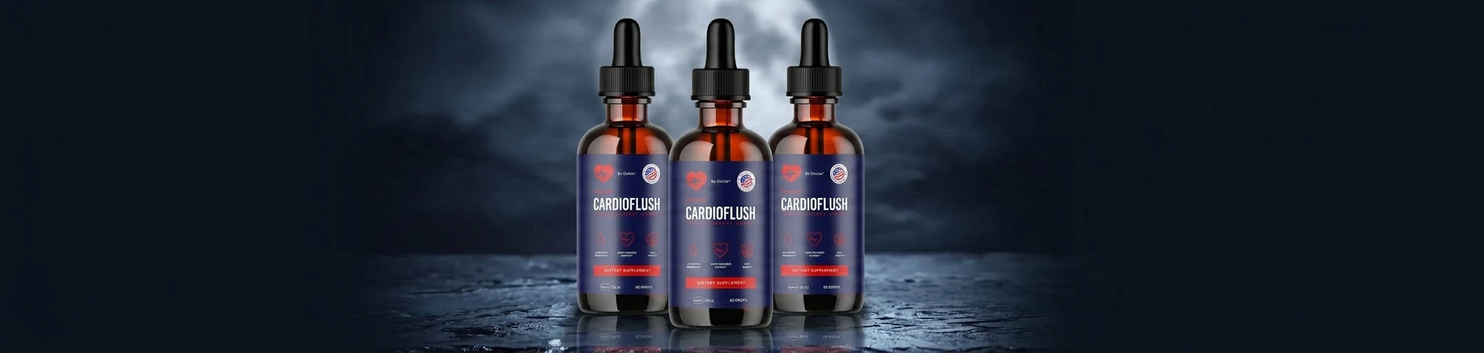 Three bottles of CardioFlush&reg; on a dark counter