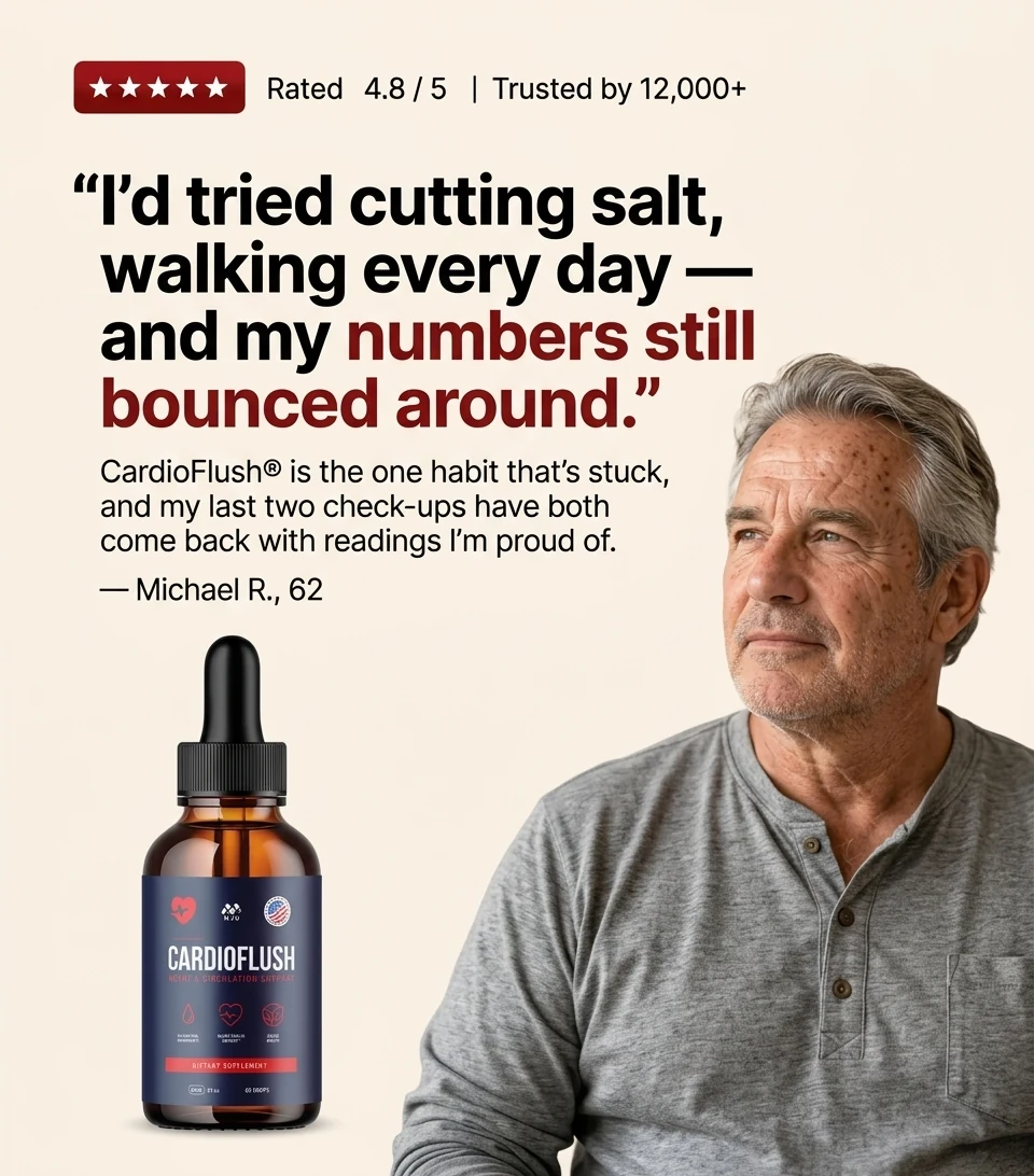 Rated 4.8 out of 5, trusted by 14,000+. &ldquo;This is the one habit that finally stuck.&rdquo;
                  I&rsquo;d tried cutting salt, walking more, and a couple of other supplements &mdash;
                  nothing felt consistent. With CardioFlush&reg;, I noticed steadier energy first, then
                  calmer, more consistent readings at my check-ups. Now it's just part of my morning.
                  &mdash; Robert K., 61.